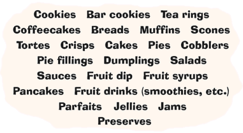 Cookies Bar cookies Tea rings Coffeecakes Breads Muffins Scones Tortes Crisps Cakes Pies Cobblers Pie fillings Dumplings Salads Sauces Fruit dip Fruit syrups Pancakes Fruit drinks (smoothies, etc.) Parfaits Ice cream Jellies Jams Preserves Apple butter